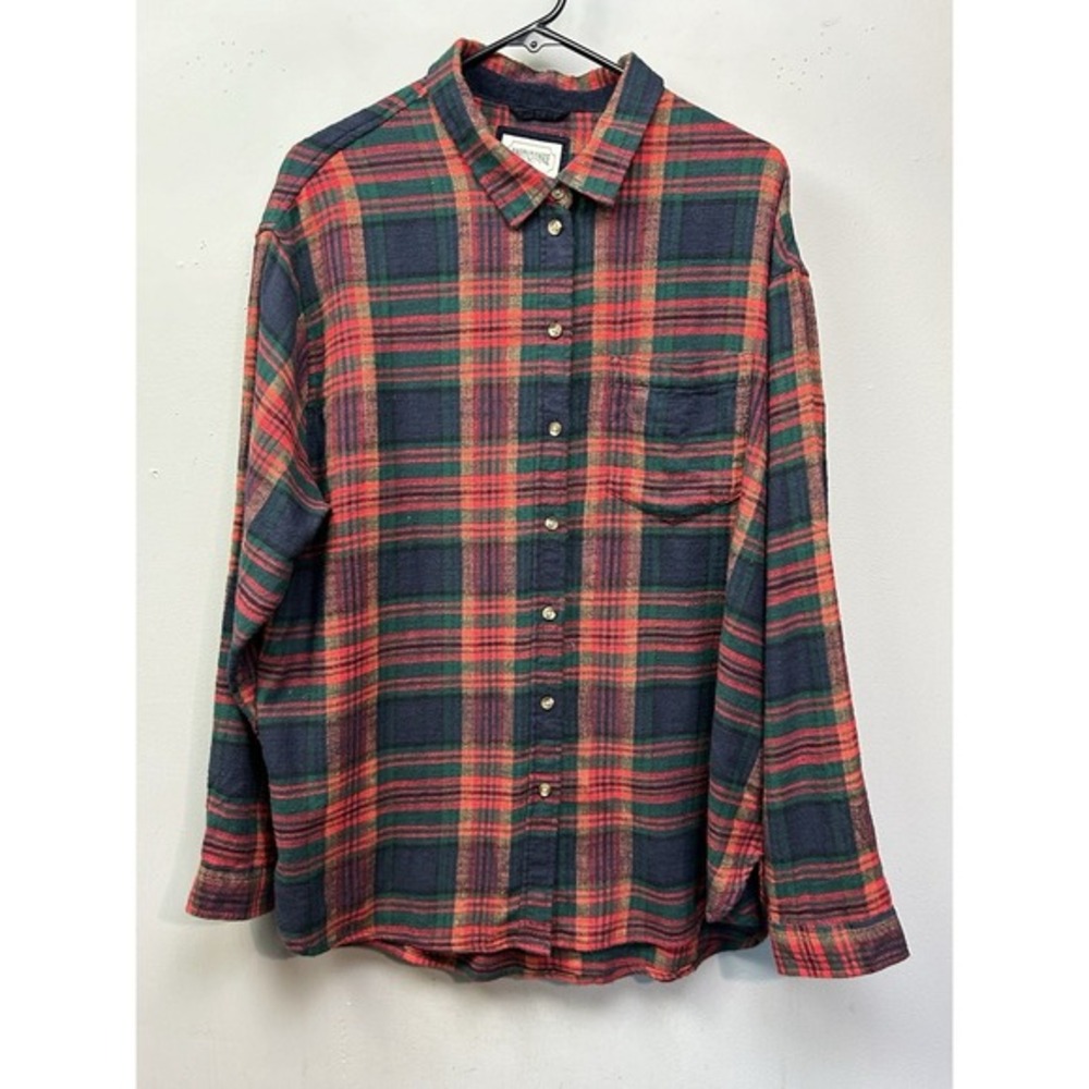 American Eagle Mens Large Red Green Plaid Flannel Button Down Shirt Long Sleeve